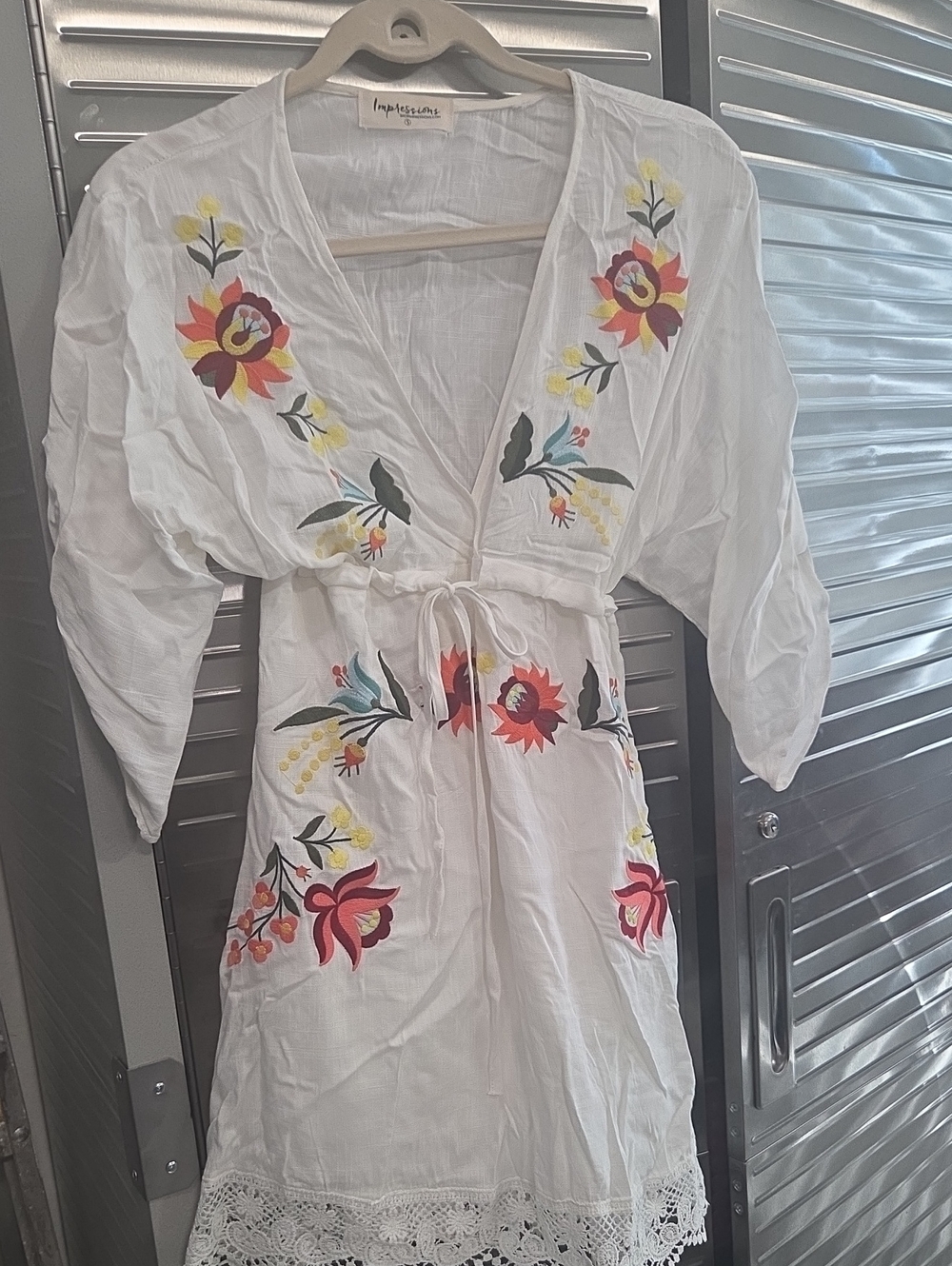 Impressions White Tunic with Red, Yellow & Green Floral Embroidery